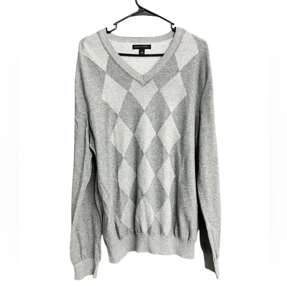 Banana Republic Men's Gray Cotton V-Neck Argyle Knit Sweater‎ Size Large